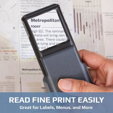 MiniBrite 5X LED Lighted Slide Out Aspheric Magnifier With Protective Sleeve Ultra Portable Pocket Sized Reading Aid For Fine Print On The Go Illuminated Lens For Close Up Details In Gray PO 55