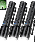 3 Pack Rechargeable 99,000 Lumens LED Flashlights With Adjustable Focus And 5 Modes IPX7 Waterproof in black, angled view