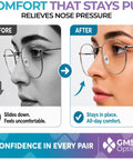 Before and after comparison of Premium Silicone Screw In Nose Pads For Eyeglasses Ultra Smooth Fit No Sweat Design.
