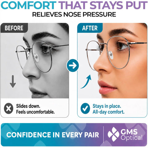 Before and after comparison of Premium Silicone Screw In Nose Pads For Eyeglasses Ultra Smooth Fit No Sweat Design.