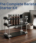 Single Dose Coffee Bean Container Coffee Station Organizer Rack With 8 Sealed Glass Vials on kitchen counter with coffee beans.