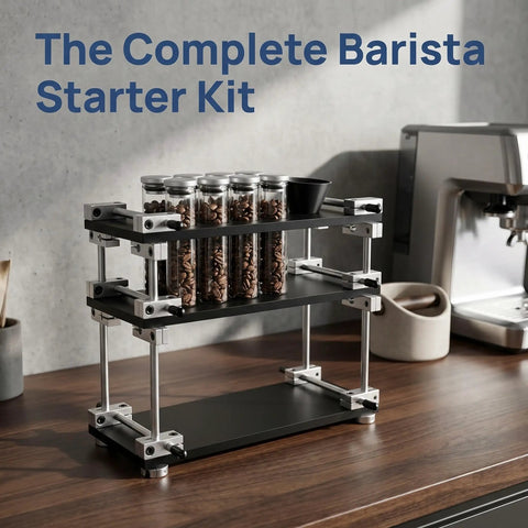 Single Dose Coffee Bean Container Coffee Station Organizer Rack With 8 Sealed Glass Vials on kitchen counter with coffee beans.