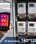 Person using Pocket Thermal Camera With 160x120 Infrared Resolution in a metal electrical panel setup.