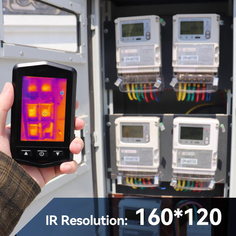 Person using Pocket Thermal Camera With 160x120 Infrared Resolution in a metal electrical panel setup.