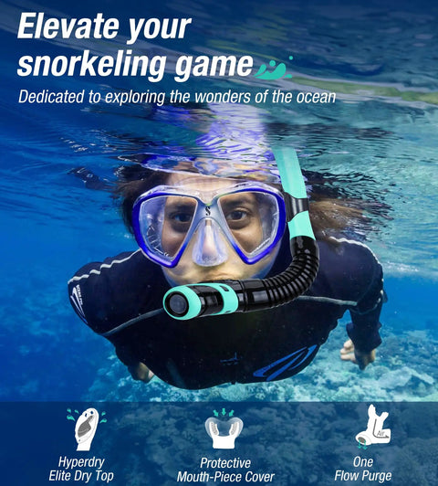 Person snorkeling underwater with dry snorkel system with top dry valve and food grade mouthpiece for easy breathing snorkeling mask attachment for scuba freediving and swimming must have travel ready snorkel gear with comfortable mouthpiece and leak free dry valve