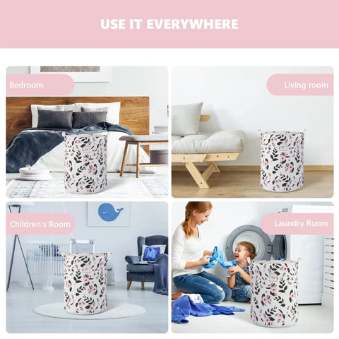 Foldable Laundry Basket Hamper With Handles, Portable Tall Collapsible Canvas Bin With Waterproof Lining, Floral Pink Nursery And Household Storage Organizer For Laundry, Toys And More No Fuss displayed in various rooms.