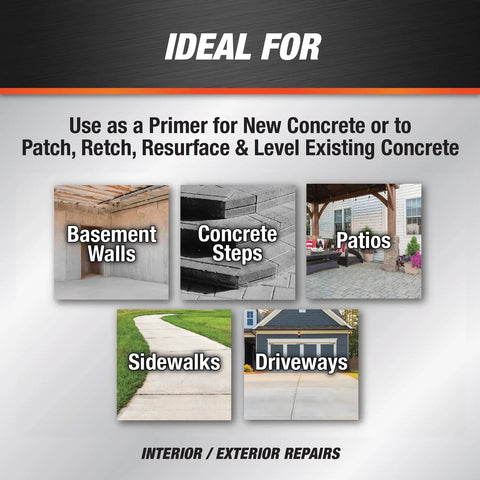 Image showing applications of Concrete Bonding Additive White 32 Oz For Steps Driveways And Patios, DIY Friendly Vinyl Acetate Copolymer Bonding Agent For High Moisture Resistance And Dense, Strong Concrete in basement walls, steps, patios, sidewalks, and driveways.