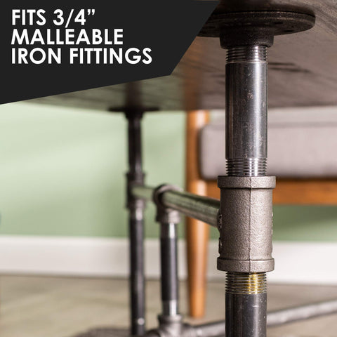 Close-up of a table leg using Three Quarter Inch By Ten Inch Black Steel Pipe Four Pack For Diy Rustic Industrial Furniture Projects Pre Cut And Ready To Roll Fits Standard Three Quarter Inch Threaded Black Malleable Iron Fittings
