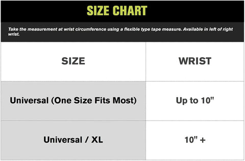 Size chart for Quick Fit Wrist II Universal Right Immobilization Wrist Brace