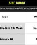 Size chart for Right Wrist Support Brace With Quick Fit One Pull Design, Adjustable Nylon Foam Comfort, Universal and XL sizes.