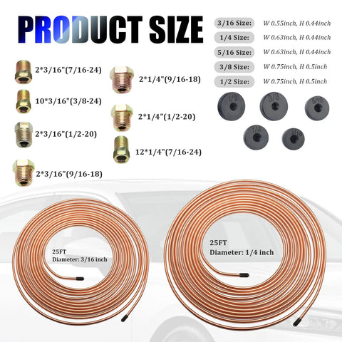 Copper Plated Brake Line Kit 25 Ft Set With 3/16 And 1/4 In Brake Lines Inverted Fittings Flare Tool Kit for Auto Repair