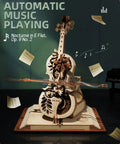 3D Wooden Puzzle Music Box Kit Cello Model For Adults And Teens Build Your Own Wind Up Instrument As Chopin Tunes Play on display