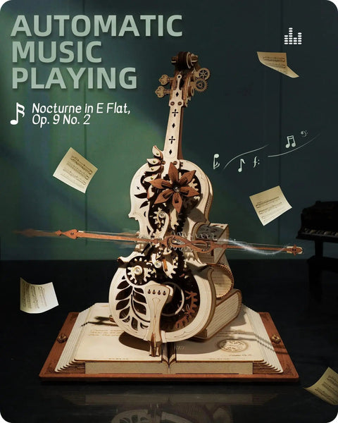 3D Wooden Puzzle Music Box Kit Cello Model For Adults And Teens Build Your Own Wind Up Instrument As Chopin Tunes Play on display