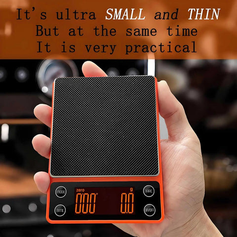 Hand holding Compact Portable Coffee Scale With Timer 3kg 0.1g High Precision Espresso Scale Rechargeable, orange design