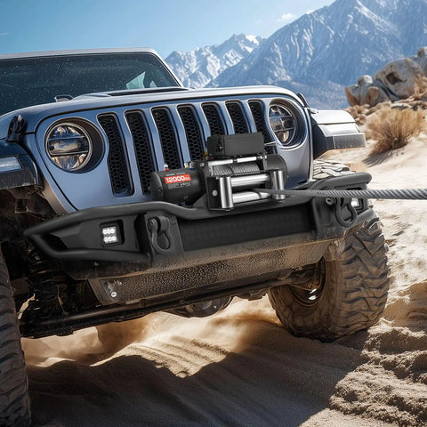 12,000 Pound Electric Winch For Trucks And Off Road Rigs With 0.36 Inch By 80 Foot Steel Rope, Wireless And Wired Remote Control, IP55 Waterproof, Ideal For SUV Jeep Trailer Boat Recovery mounted on Jeep bumper