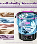 Boss Grade Portable Mini Washing Machine Foldable Layout For Apartments RVs And Dorm Rooms with various fabric samples shown.
