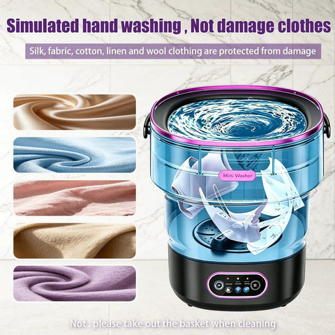 Boss Grade Portable Mini Washing Machine Foldable Layout For Apartments RVs And Dorm Rooms with various fabric samples shown.