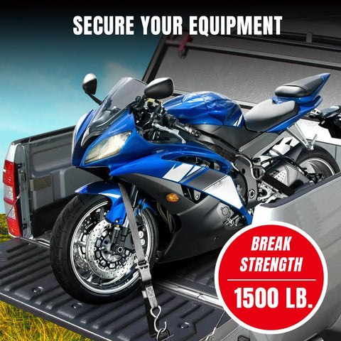Heavy Duty Ratchet Tie Down Straps Set 1500 Lb Break Strength 1 Inch By 15 Foot secures blue motorcycle in truck bed