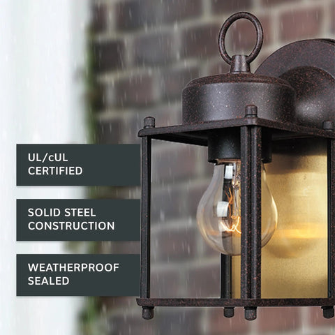 Rust Patina Porch Outdoor Wall Lantern Sconce with clear glass, steel frame, and modern back plate, weather resistant for entryways.