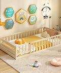 Totally Kid Approved Wooden Floor Bed With Secure Lockable Door And Heavy Duty Guardrails, Low Profile Montessori Sleeping Platform For Toddlers in a cozy room.