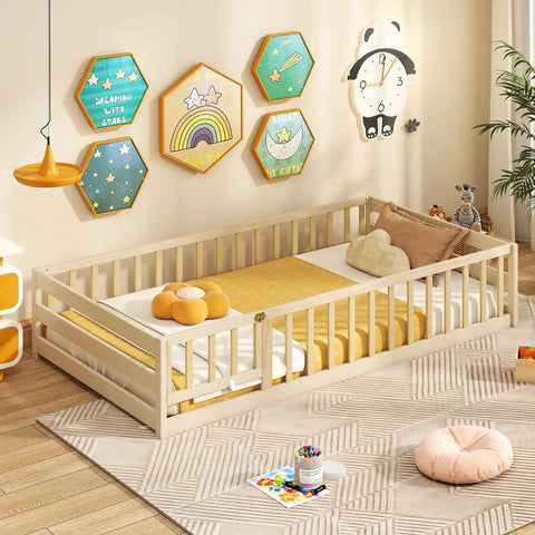 Totally Kid Approved Wooden Floor Bed With Secure Lockable Door And Heavy Duty Guardrails, Low Profile Montessori Sleeping Platform For Toddlers in a cozy room.