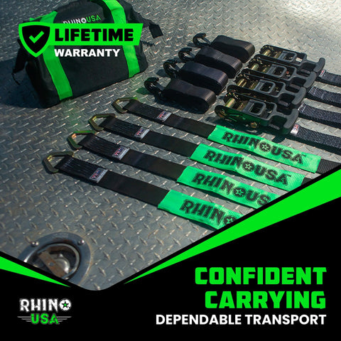 Heavy Duty 2 Inch By 8 Foot Car Tie Down Straps With J Hooks, 10,000 Lb Break Strength, 4 Pack displayed with storage bag