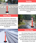 Real McCoy Heavy Duty Traffic Delineator Posts With Weighted Rubber Bases And Bright Reflective Strips For Parking Lot Safety Markers in sun, rain, and snow.