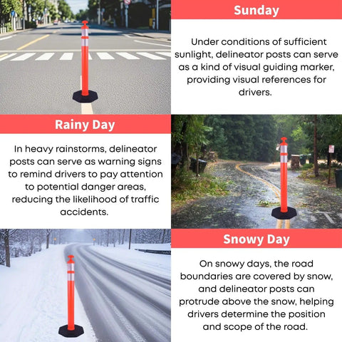 Real McCoy Heavy Duty Traffic Delineator Posts With Weighted Rubber Bases And Bright Reflective Strips For Parking Lot Safety Markers in sun, rain, and snow.