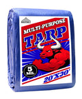 Heavy Duty 20x30 Ft Blue Tarp, 5 Mil Waterproof and UV Resistant with red bull graphic on packaging