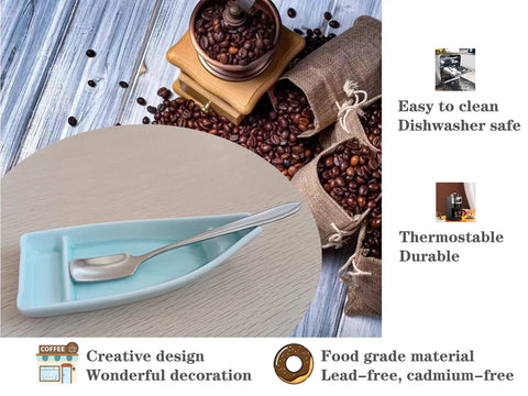 Boat Shaped Coffee Spoon Rest With Turquoise Accent And Matching Mini Spoon Cute Dope Coffee Bar Accessory For Your Coffee Station Or Tea Setup Holds Teaspoon Keeps Counter Clean 1 Piece.