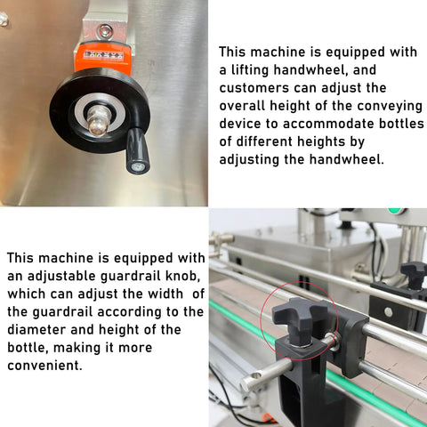 Heavy Duty Automatic Paste And Liquid Filling Machine With Solid Servo Pneumatic Drive And Long Conveyor Belt showing adjustable handwheel and guardrail for bottle height.