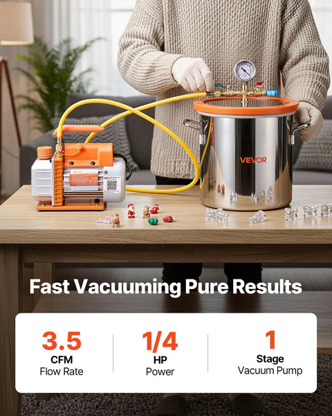 VEVOR 3-gallon stainless steel vacuum chamber kit with tempered glass lid, 5 ft hose, attached orange pump