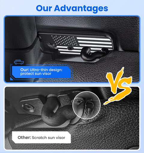 Upgraded Sun Visor Repair Kit For Jeep Wrangler JL JLU 2018 2023 And Gladiator JT 2020 2023 Aluminum Alloy Full Size Visor Repair Kit Heavy Duty Visor Mounting Clips Factory Style Fit Easy One Piece Design comparison highlighting ultra-thin design advantage