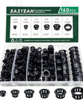 Knockout Grommet Kit With Snap In Nylon Bushing Grommets, 160 Pcs In Six Sizes 5/16 3/8 1/2 5/8 3/4 1, Black in a Clear Case