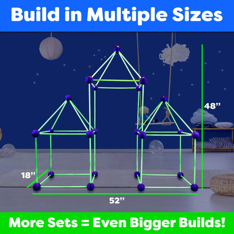 Glow In The Dark Fort Building Kit For Kids 81 Pack With 53 Rods And 28 Spheres shown in pyramid structures indoors