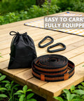 Two Pack Hammock Straps With Carabiners, 13 Feet Total Length, on wooden deck with bag and carabiners for camping or backyard use