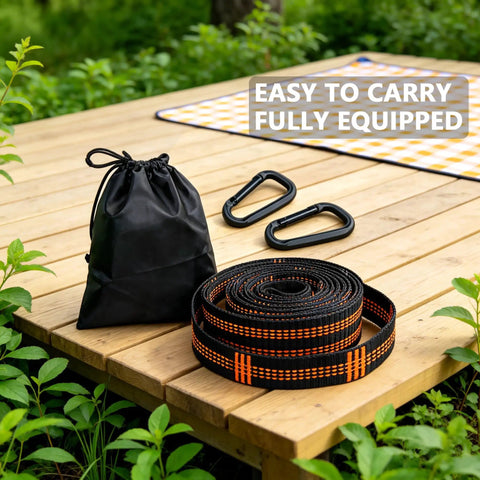 Two Pack Hammock Straps With Carabiners, 13 Feet Total Length, on wooden deck with bag and carabiners for camping or backyard use
