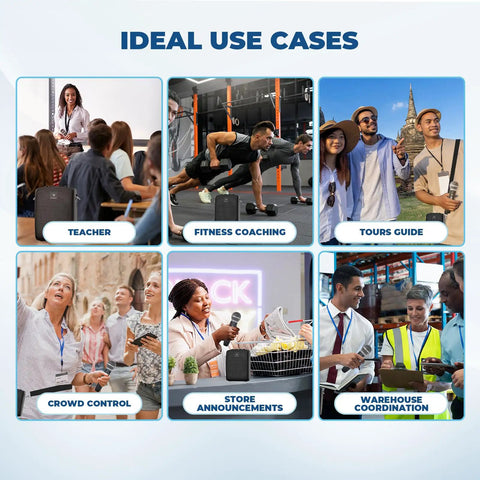 Wireless Voice Amp With Bluetooth Handheld Microphone For Teachers And Public Speaking, Portable PA System For Classrooms And Outdoor Events, 50ft Range With Cardioid Pickup usage examples including teaching, fitness, tours, crowd control, store announcements, warehouse coordination.