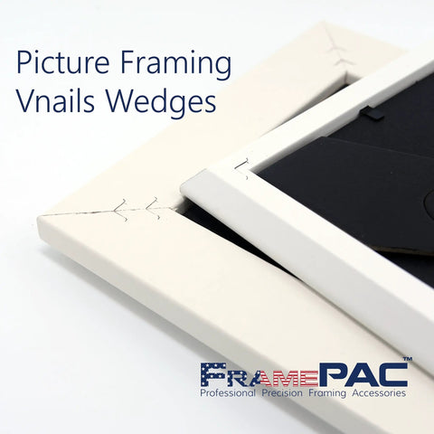 Heavy Duty V Nails For Hardwood Picture Frames And Tight Corner Wedges To Secure Your Woodwork featuring v nails in a white frame close-up.