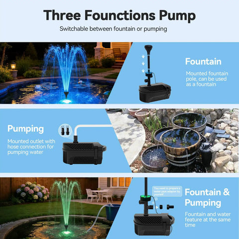 1320 GPH Heavy Duty Pond Fountain Pump With RGB LED Lights, Outdoor Water Feature Kit, Three Nozzle Options in operation
