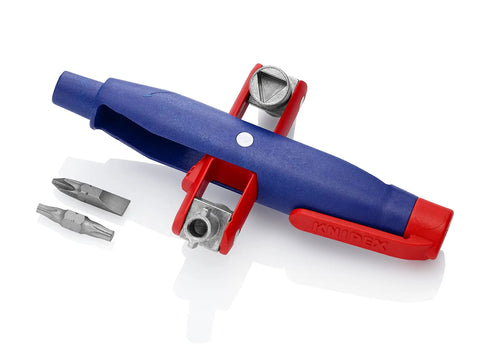 Pen Style Control Cabinet Key With Swivel Four Profile Heads, Eight And One Eighth Inch Long, shown with removable bits.