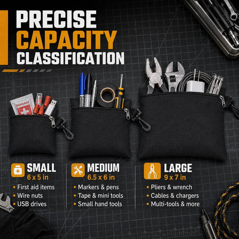 Three Pack Small Zipper Tool Pouches Built Tough With Waterproof 600D Oxford Fabric Multipurpose Organizer For Tools Electronics Stationery Pencil Case And Carabiner Clip For Men Black showing small, medium, and large sizes with tools
