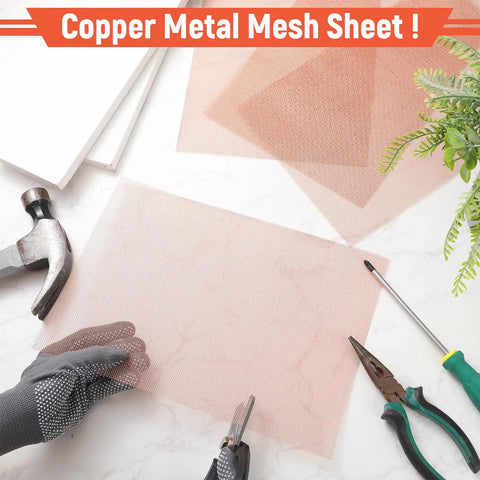 Four Pack Copper Woven Mesh Screens Set 11.81 By 8.27 Inches Each Nearly 100 Percent Pure Copper for air vent use shown with tools