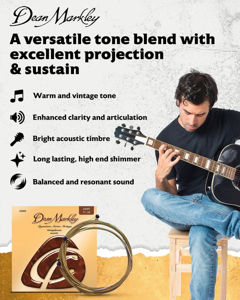 Vintage Bronze Acoustic Guitar Strings 6-String Set 11-52 Light Gauge, Precision Wound For Rich, Break-Resistant Tone, Long-Lasting Bronze Blend, Made In USA on a guitarist playing acoustic guitar
