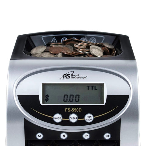 Heavy Duty One Row Electric Coin Counter Sorter With Patented Anti Jam Design And Clear Digital Panel showing coins collected.