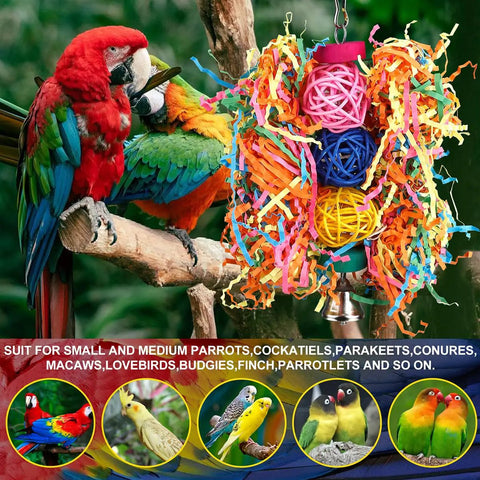 Colorful All In One Bird Toy Set With Rope Perch And Bell Foraging Chewing Shredding Toys for Parrots and Birds Cage Accessories