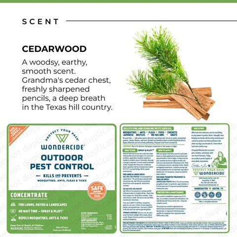 Outdoor Pest Control Spray Concentrate With Natural Essential Oils, 16 Oz, label with cedarwood scent description