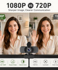 Crisp 1080P Webcam With Built In Noise Canceling Mic And Slide Privacy Cover Offers Automatic Brightness Tuning showcases 1080p vs 720p video quality comparison.