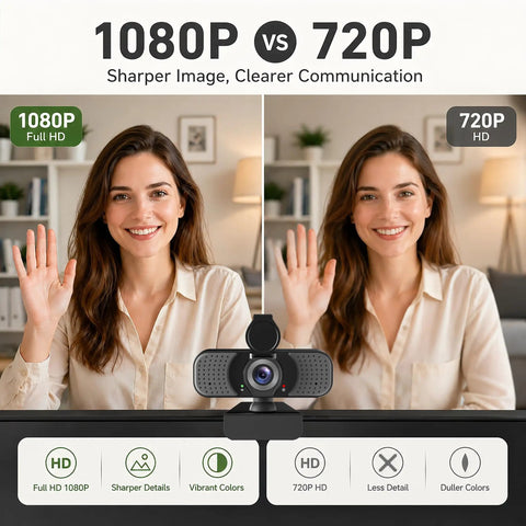 Crisp 1080P Webcam With Built In Noise Canceling Mic And Slide Privacy Cover Offers Automatic Brightness Tuning showcases 1080p vs 720p video quality comparison.