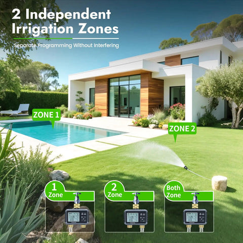 Two Zone Water Timer For Garden Hose With Brass Inlet Easy Set Outdoor Irrigation Controller in use in modern backyard